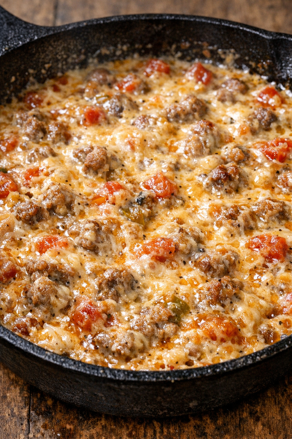 Southern 3-ingredient sausage dip in a cast iron skillet