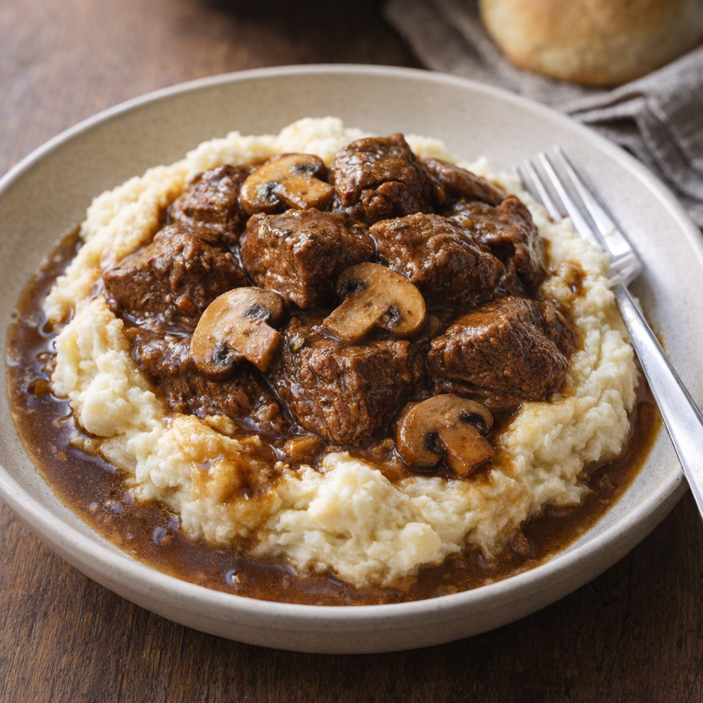 Slow cooker mushroom beef tips served over mashed potatoes
