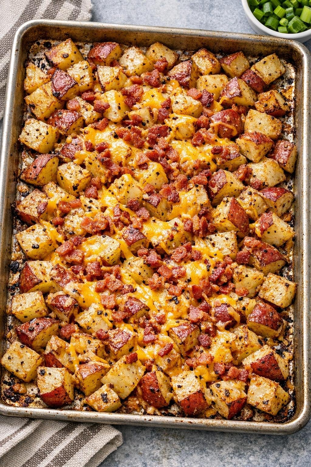 Finished cheesy ranch potatoes with bacon on a sheet pan