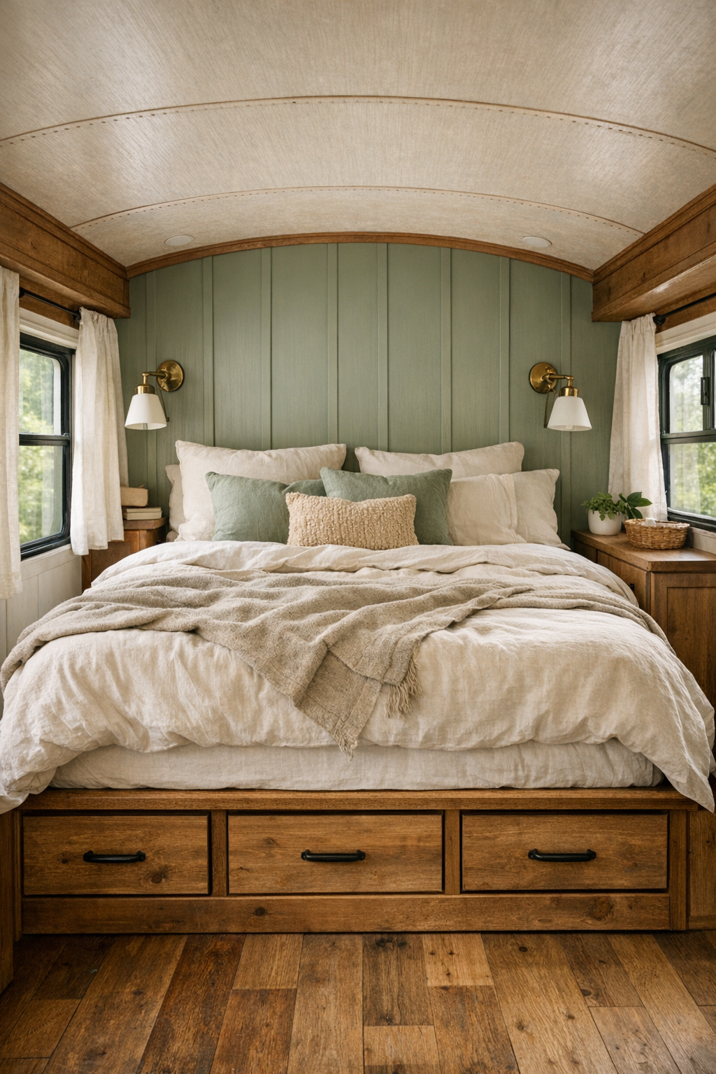 Serene bus bedroom with platform bed and layered neutral linens