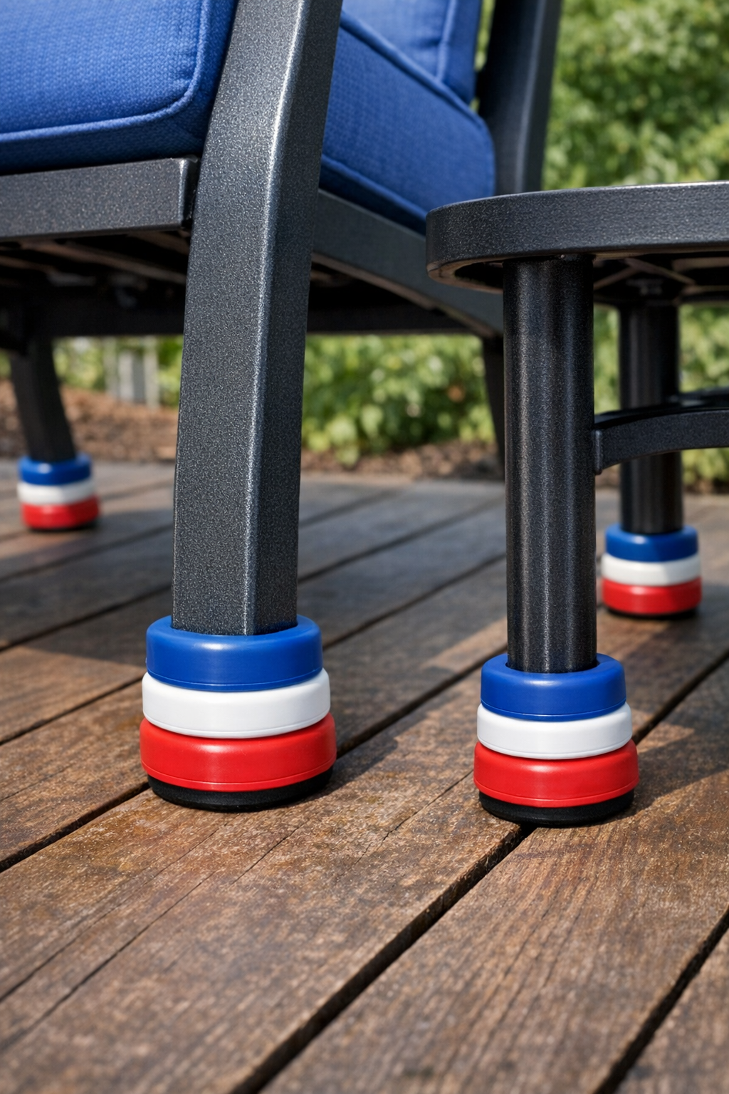Finished outdoor furniture with rubber stopper grips on the legs