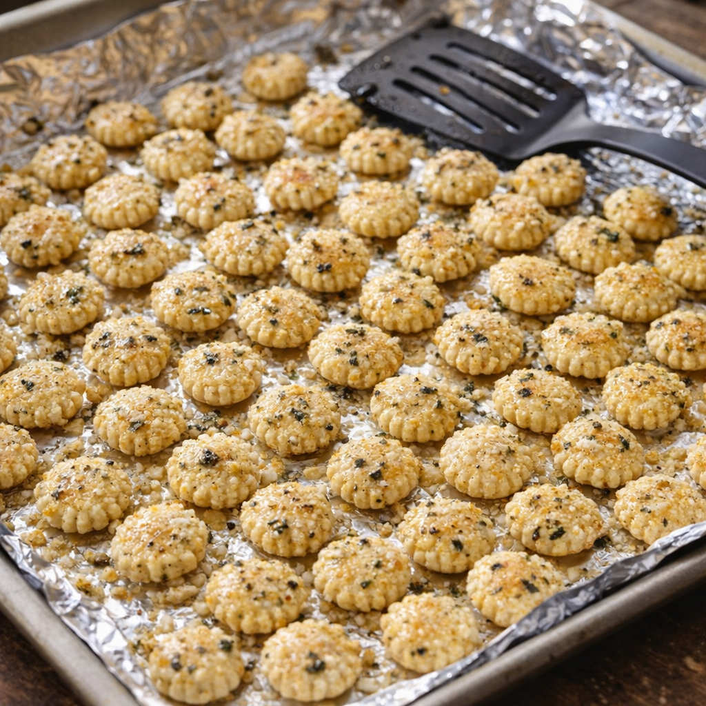 Seasoned oyster crackers spread on a foil-lined baking sheet
