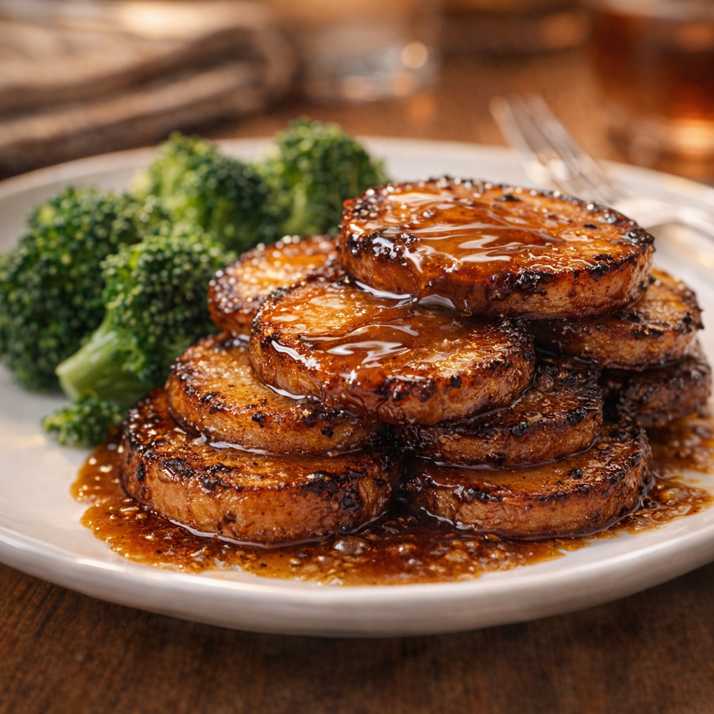 Served portion of glazed potato disks on a dinner plate