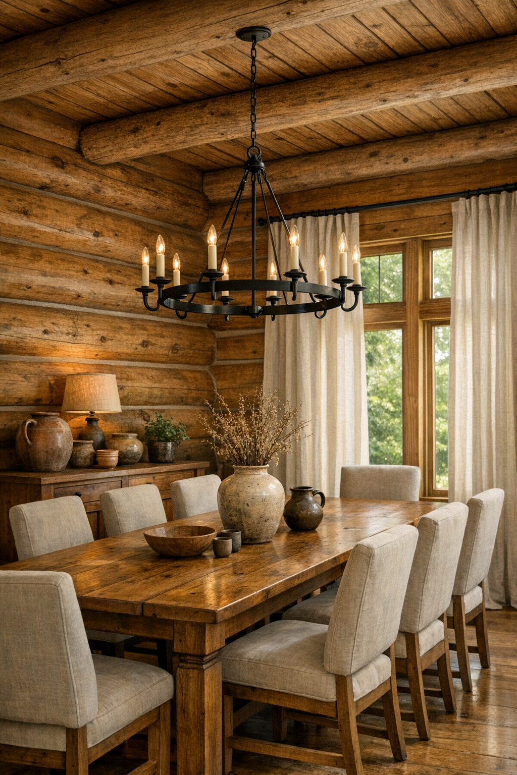 Rustic dining room with long wood table and iron chandelier