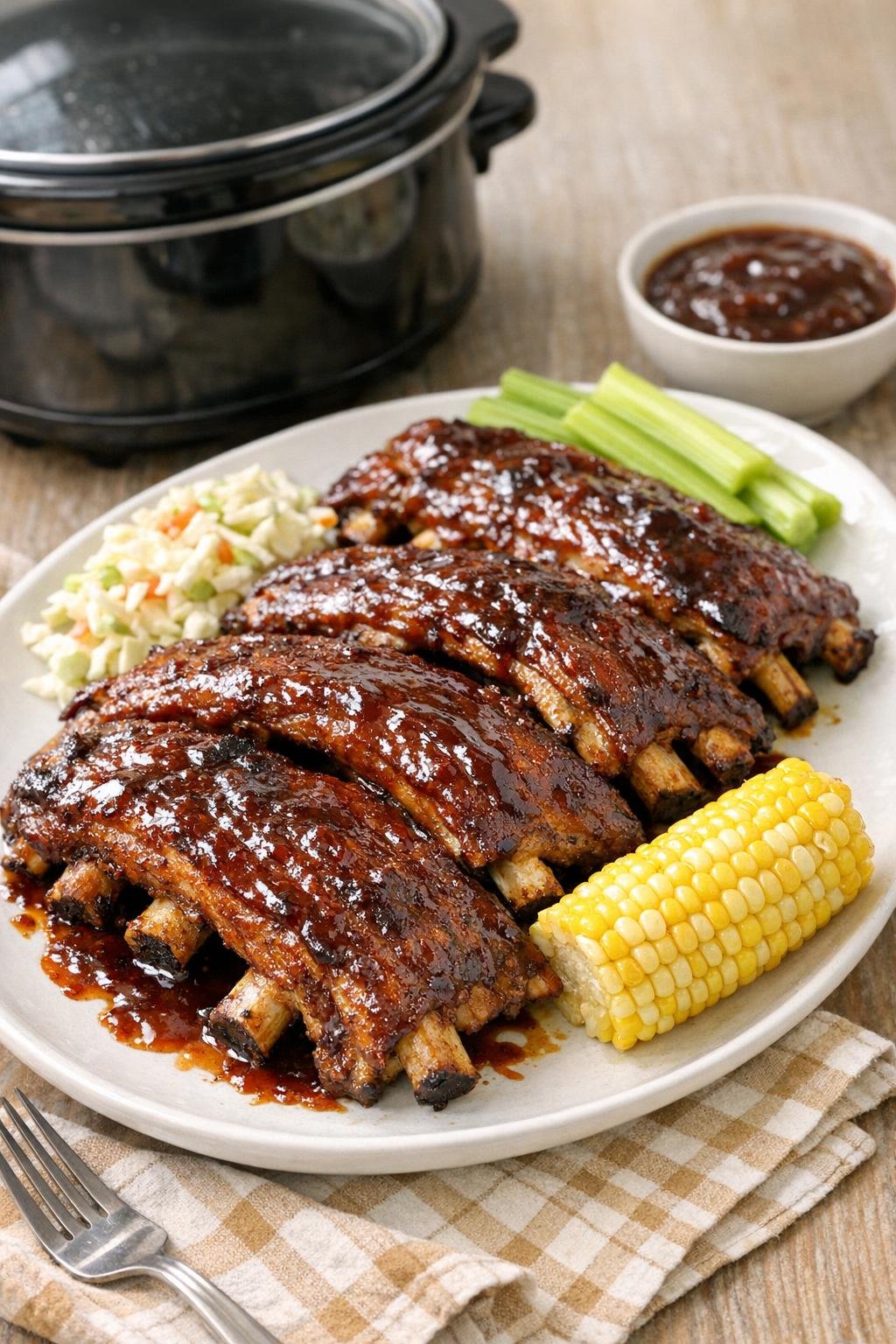 Finished slow cooker baby back ribs plated with sauce