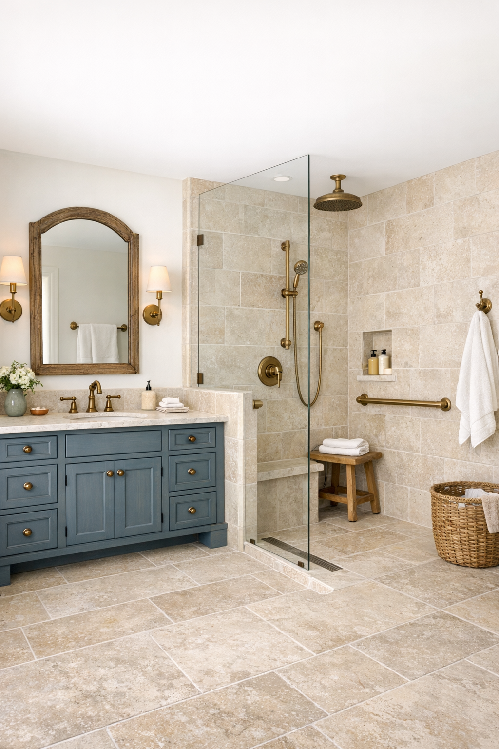 Elegant accessible bathroom with curbless shower, pale stone tile, and blue-gray vanity