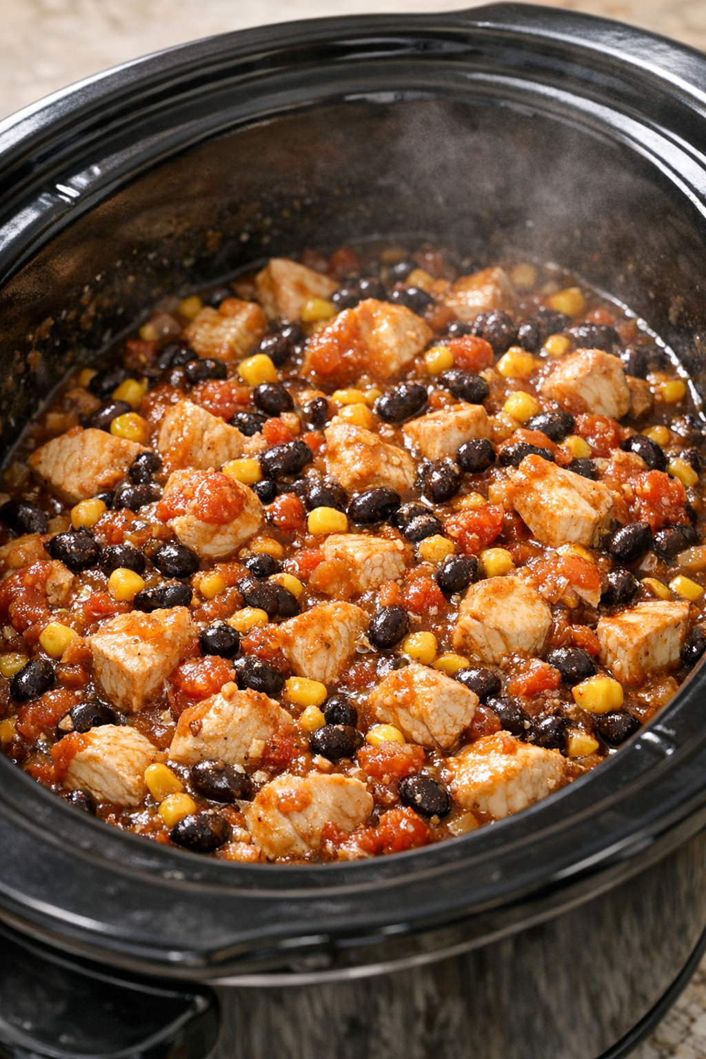 Chicken mixture cooking in the slow cooker