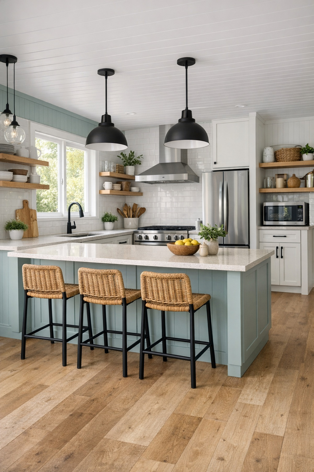Bright accessible kitchen with pale quartz counters, light wood cabinetry, and soft teal details