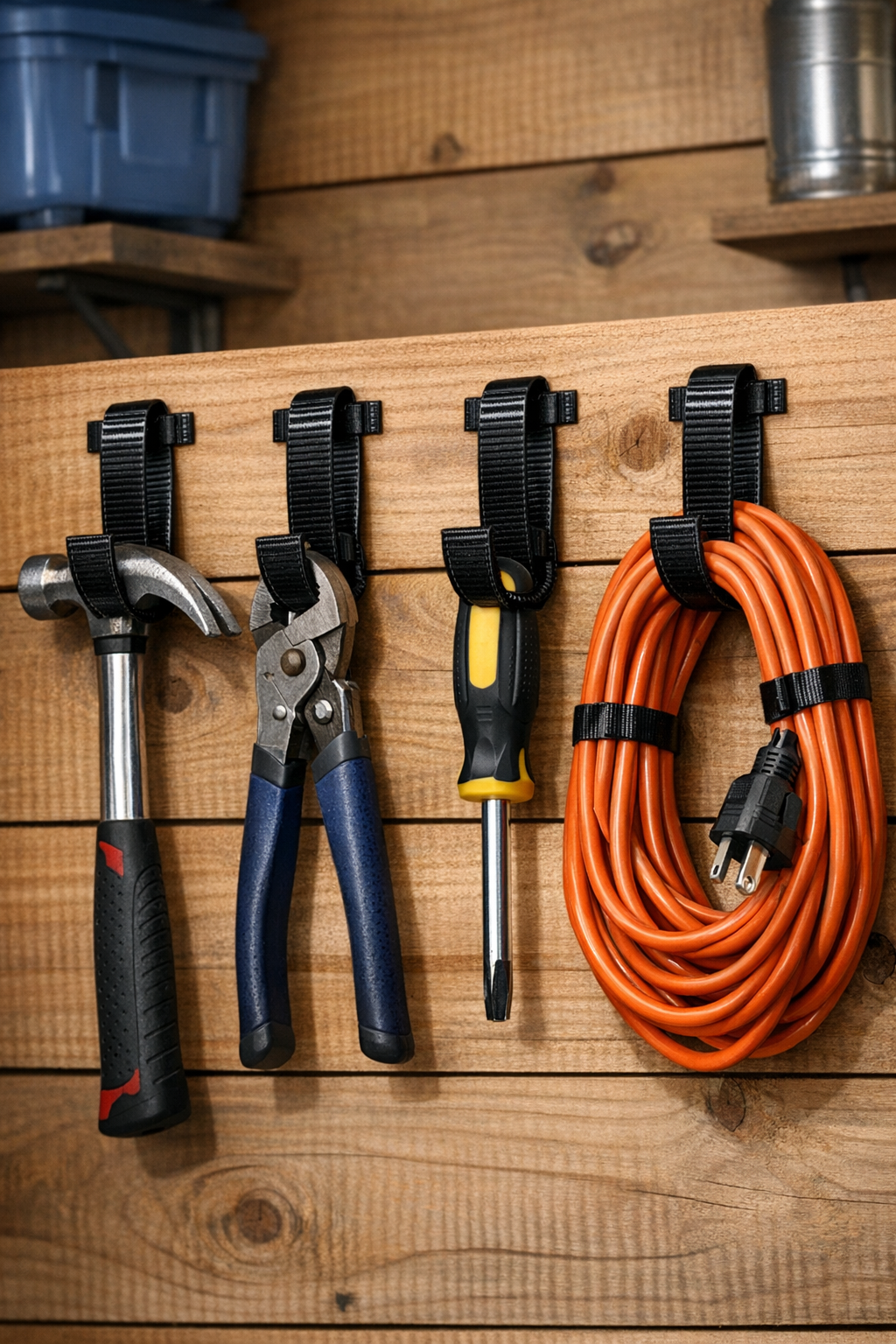 Finished DIY heavy-duty tool hooks mounted and holding garage tools
