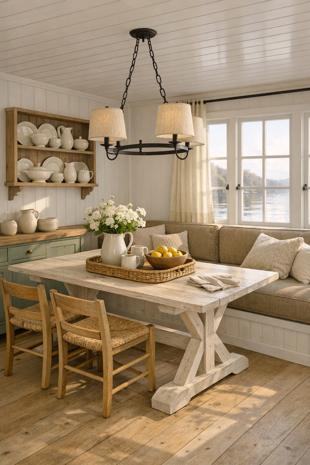 Dining room with a whitewashed oak trestle table, rush-seat chairs, and a built-in banquette
