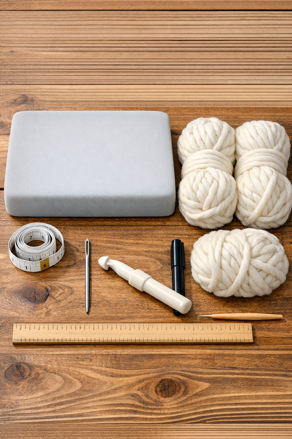 Materials for making a crochet-covered foam seat cushion pillow