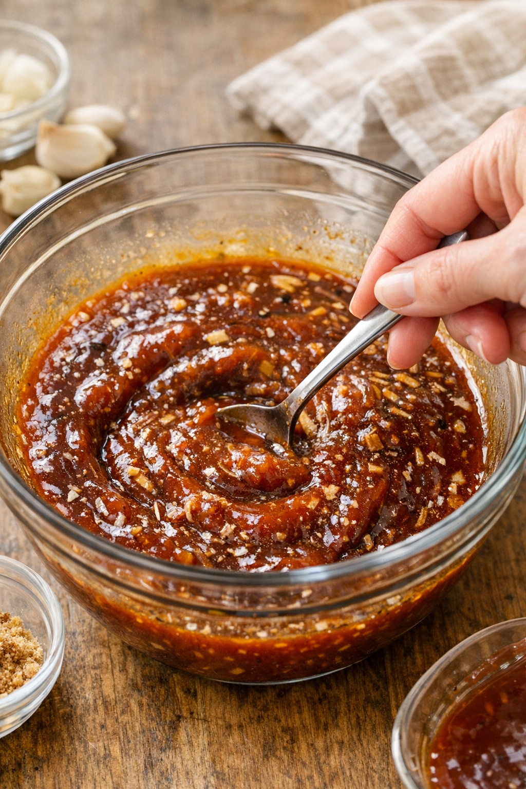 Barbecue sauce mixture being stirred in a bowl
