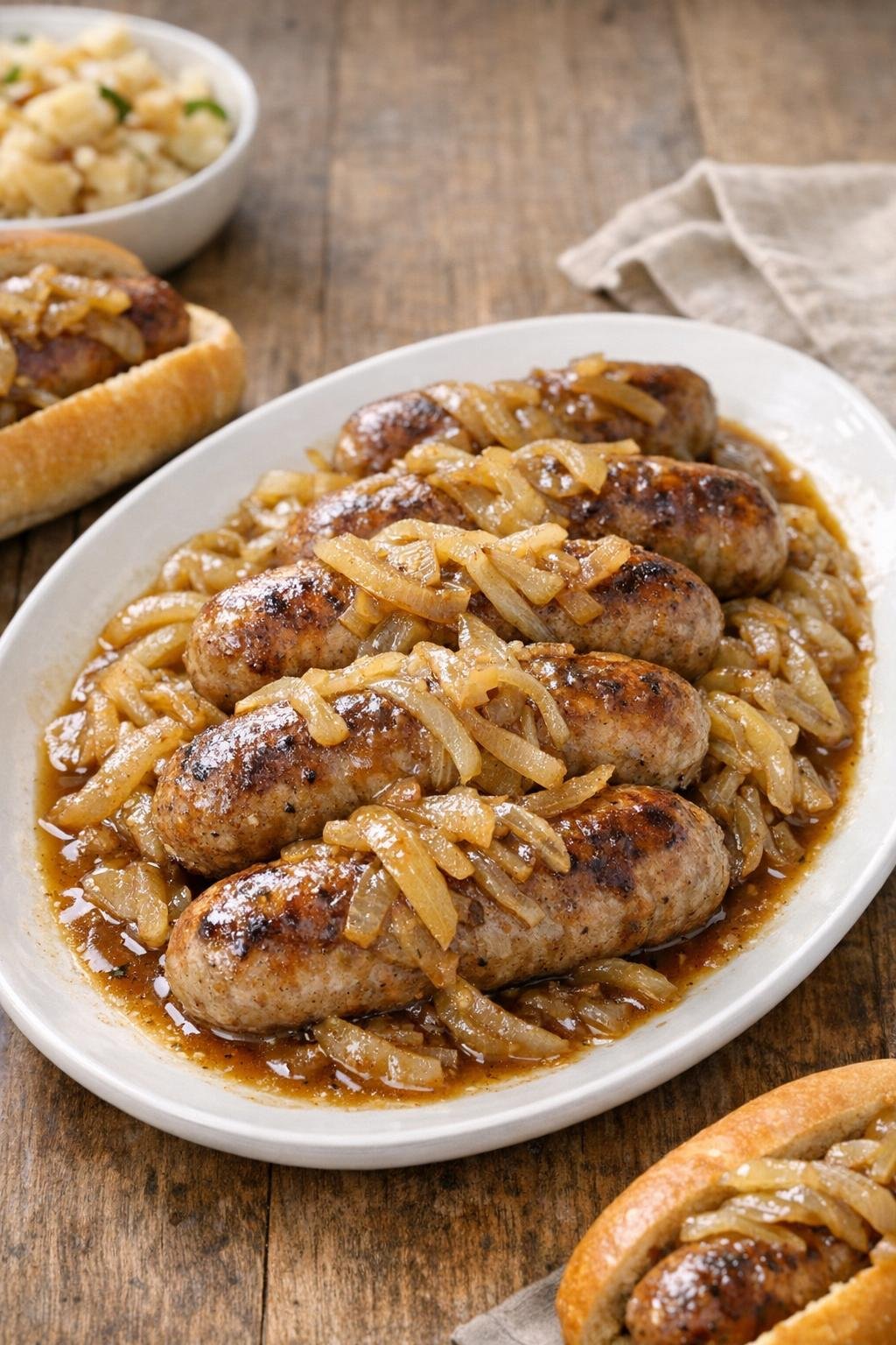 Finished slow cooker pork bratwursts plated with onions and sauce