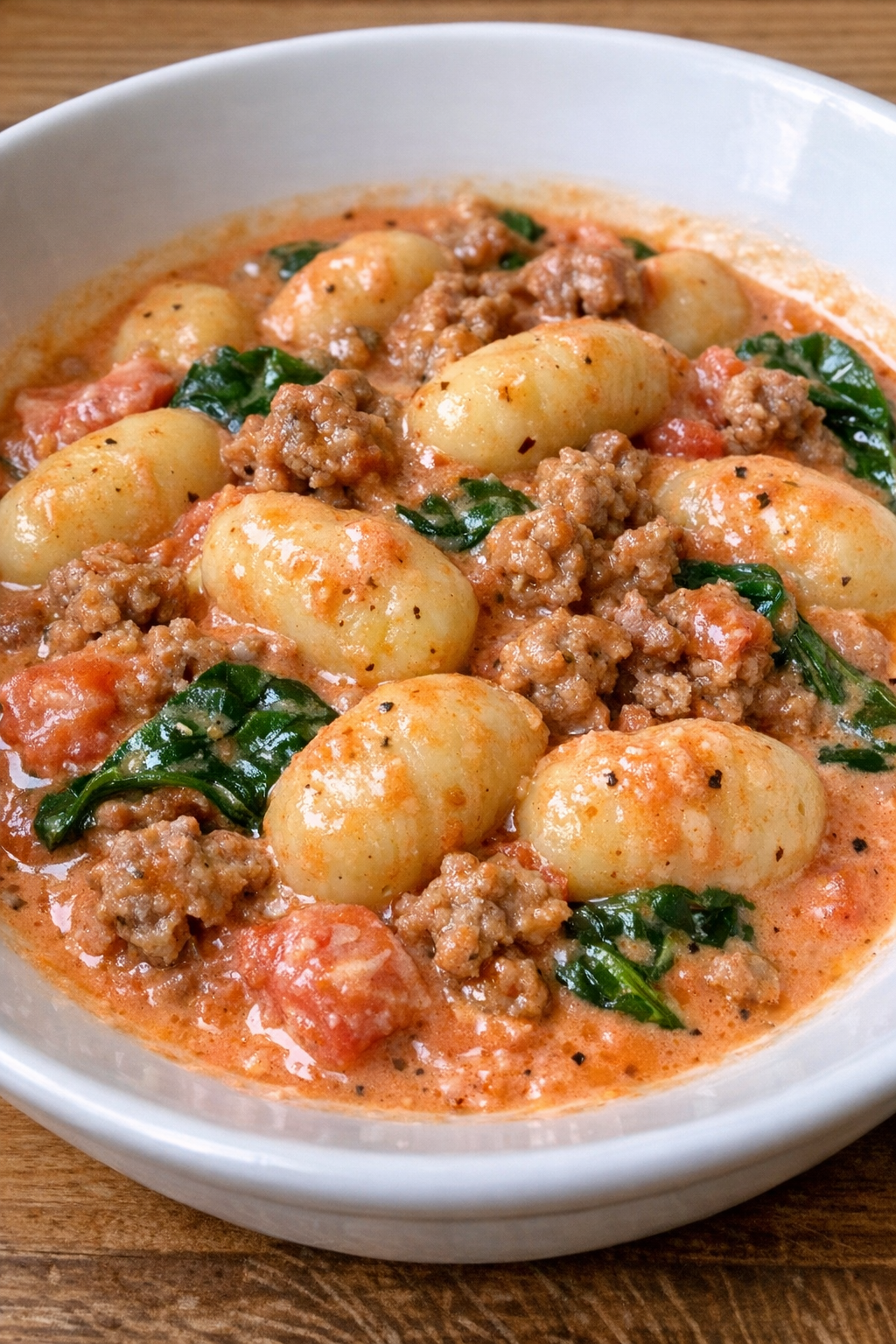 Creamy Tuscan sausage gnocchi in a white bowl