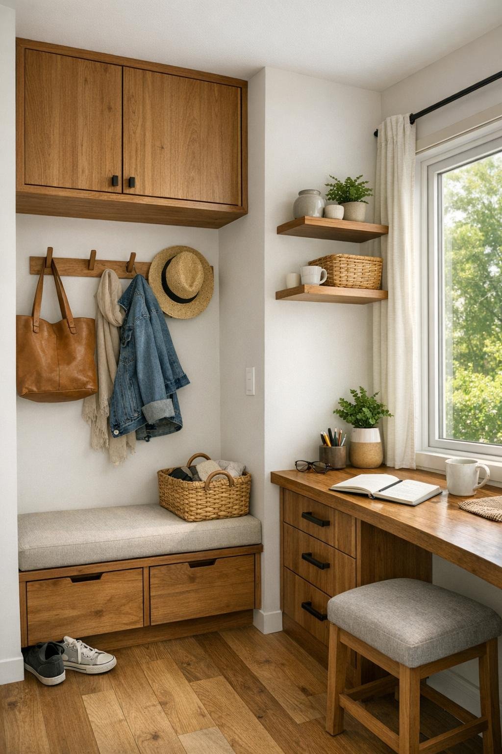 Tiny home entry and multifunctional storage area with built-ins and window desk