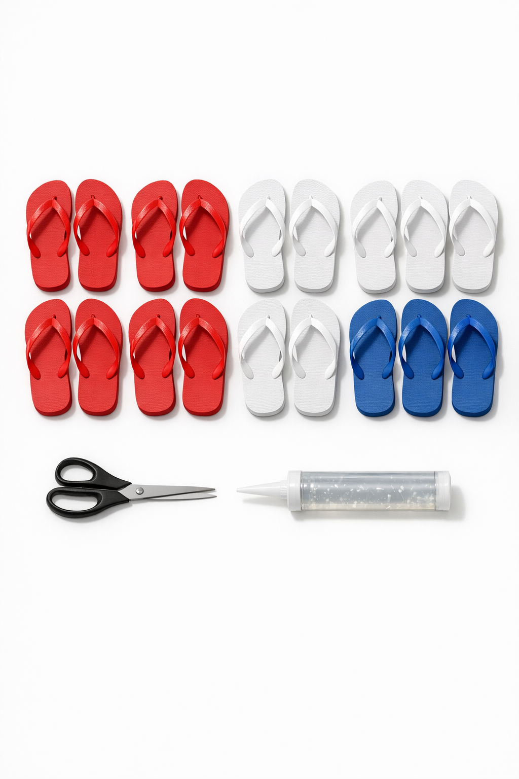 Red, white, and blue flip flops, scissors, and outdoor glue laid out neatly