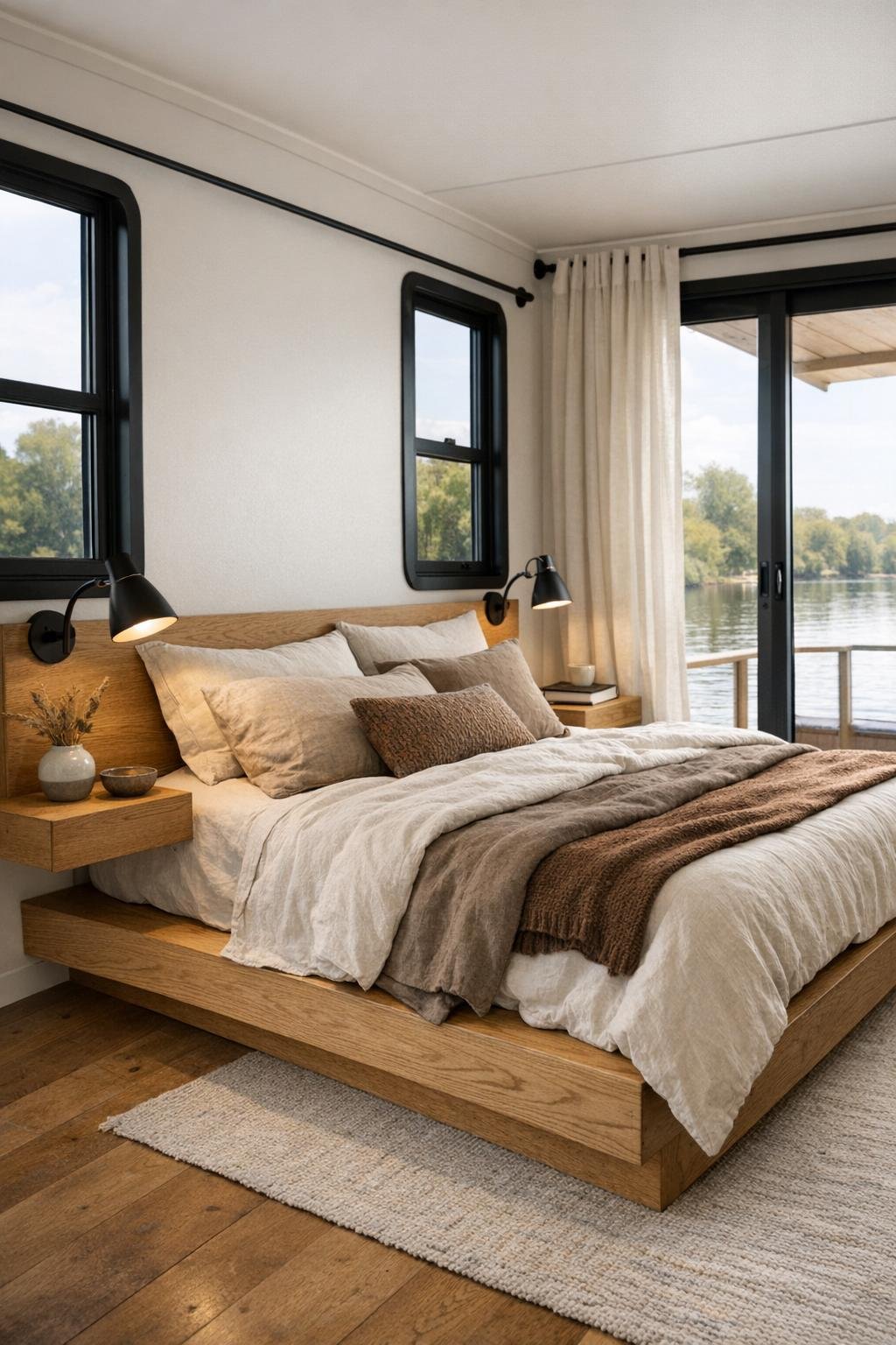 Serene houseboat bedroom with layered neutral bedding and oak details