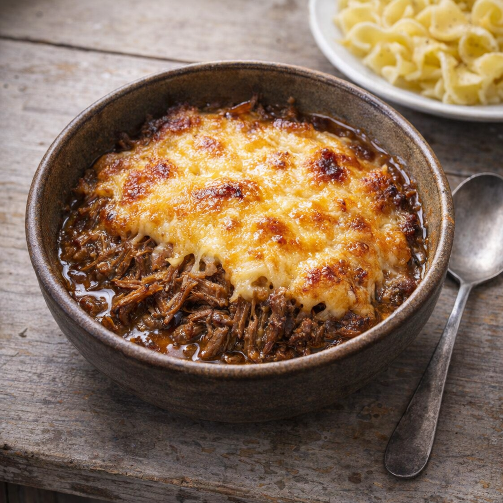 Slow cooker casserole served in a rustic bowl