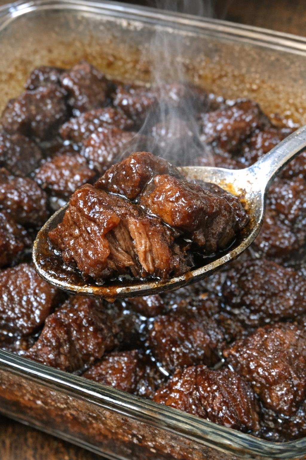 Tender glazed beef bites in a glass baking dish