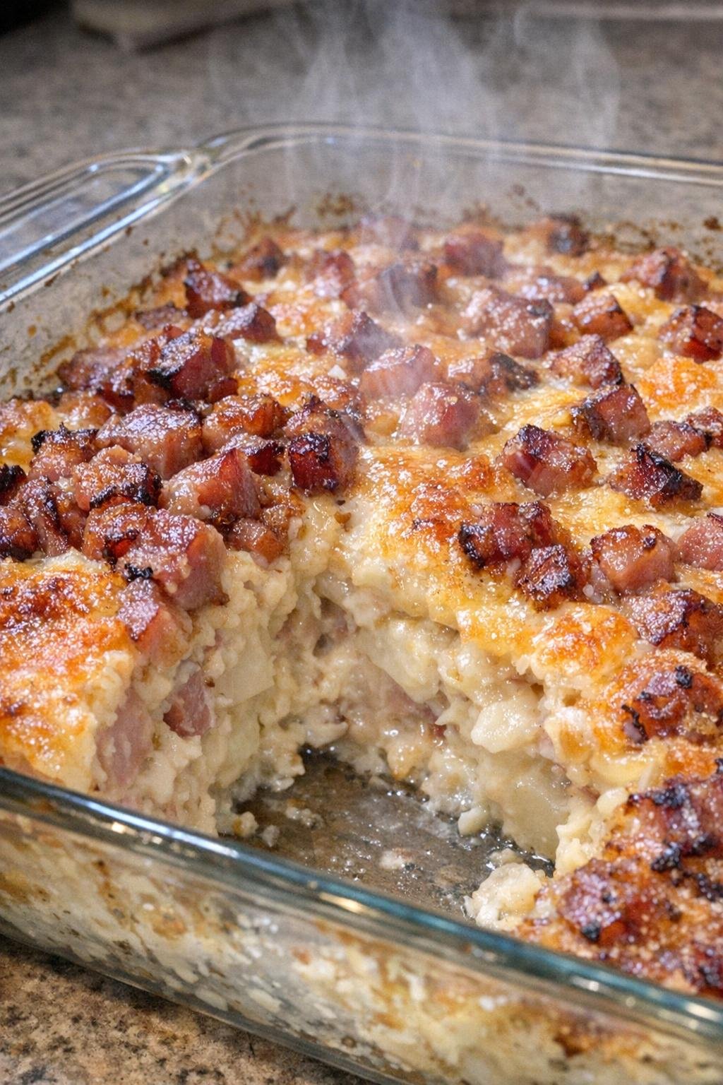 Baked ham casserole with a creamy center