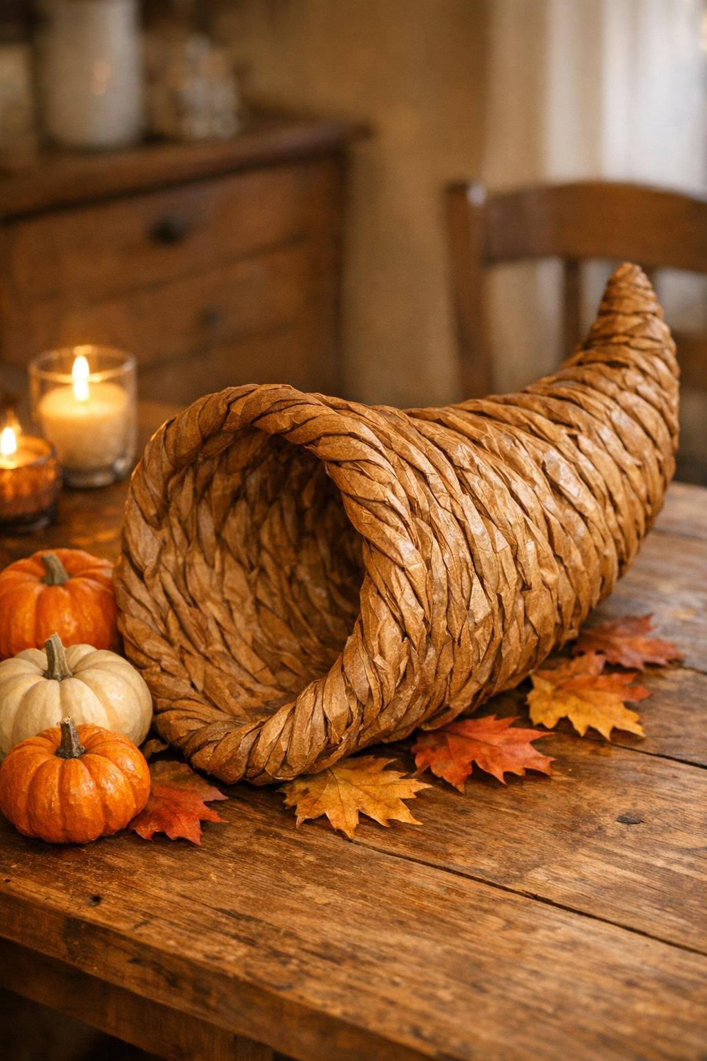 Finished rustic paper cornucopia displayed on a fall table