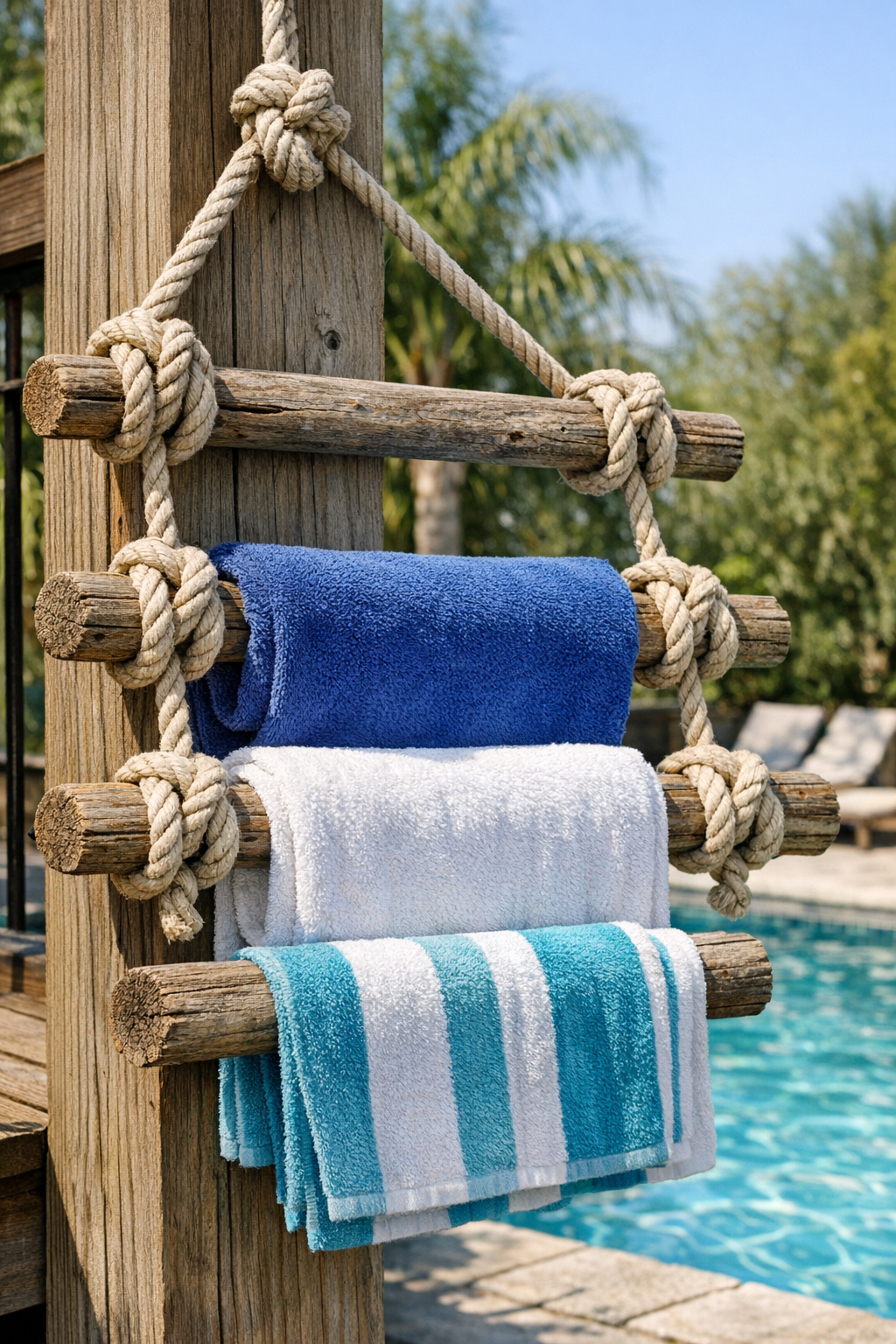 Finished outdoor towel rack hanging on a deck post