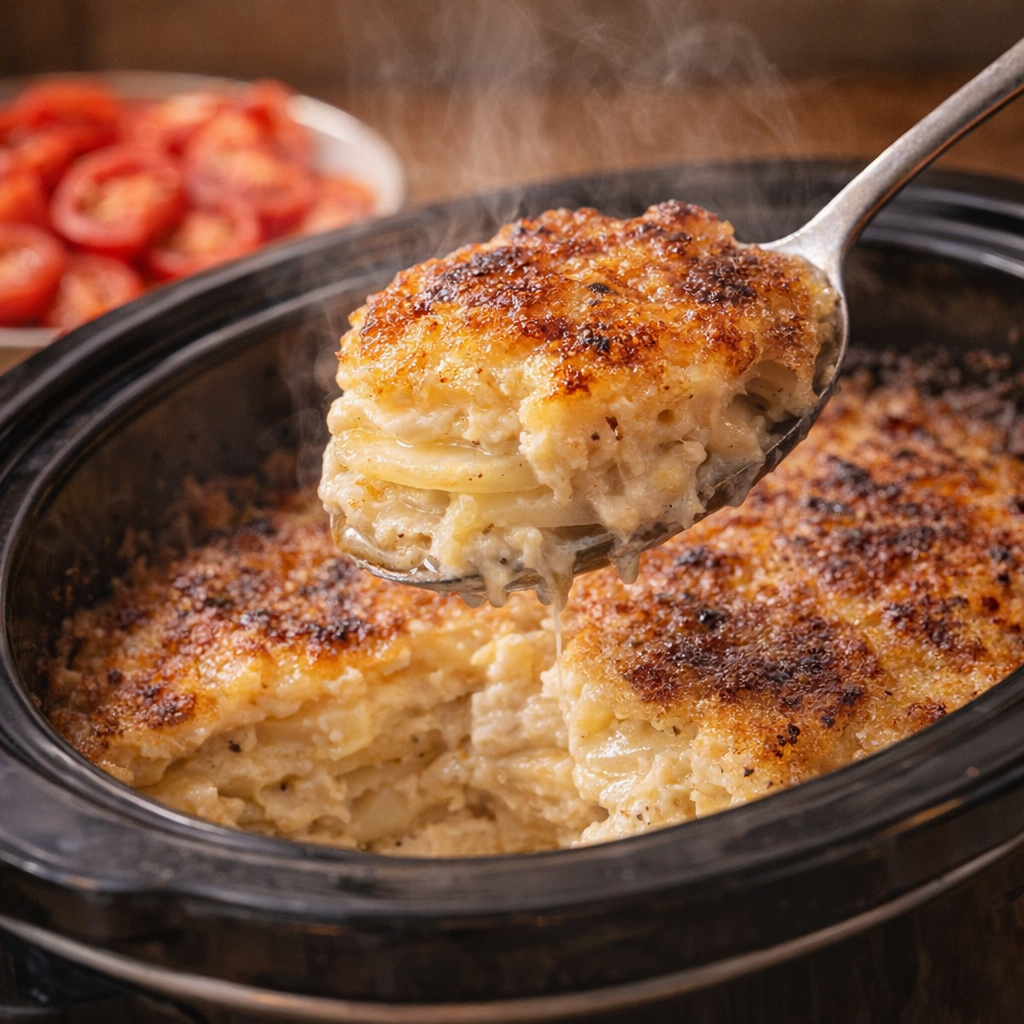 Serving spoon lifting a portion of crispy layered potatoes