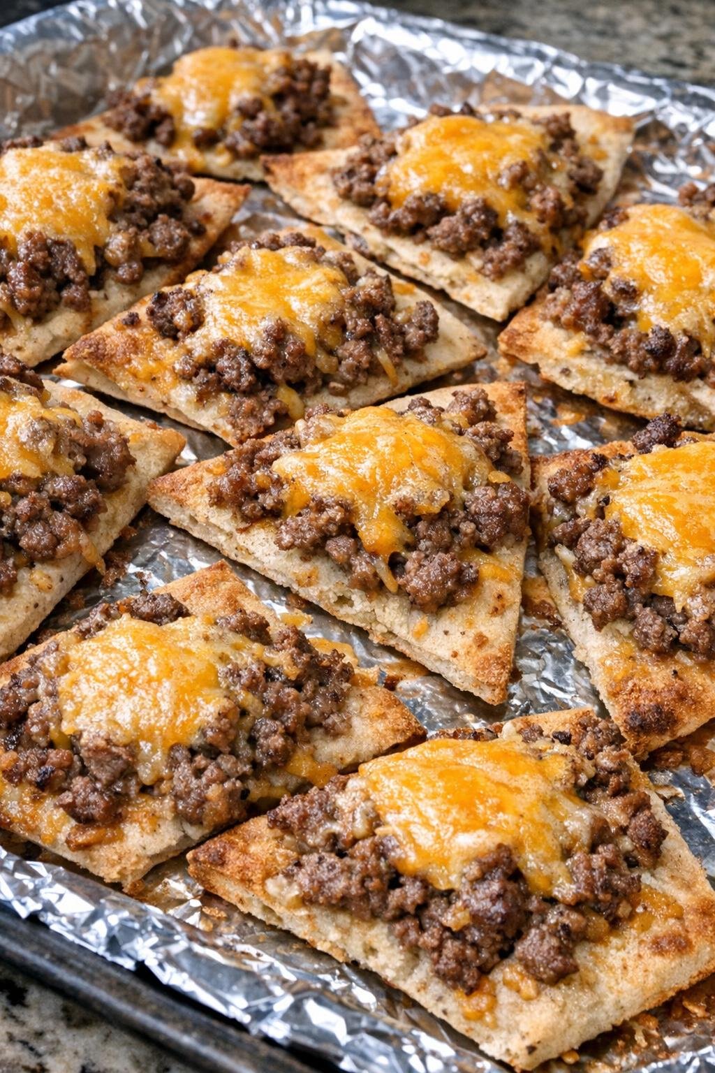 Crispy beef pita wedges topped with melted cheddar