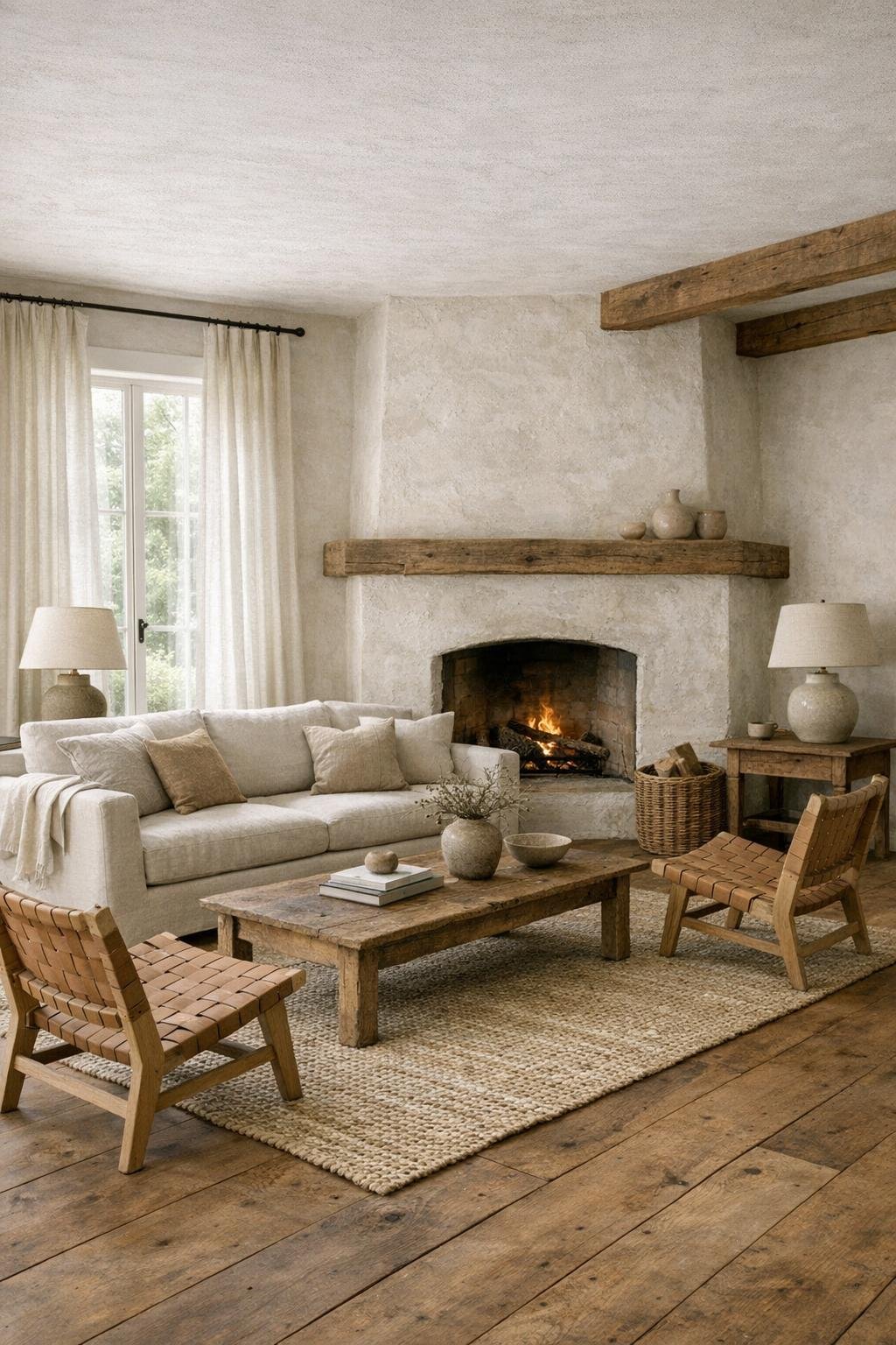 Warm neutral farmhouse living room with wood floors and limewashed fireplace