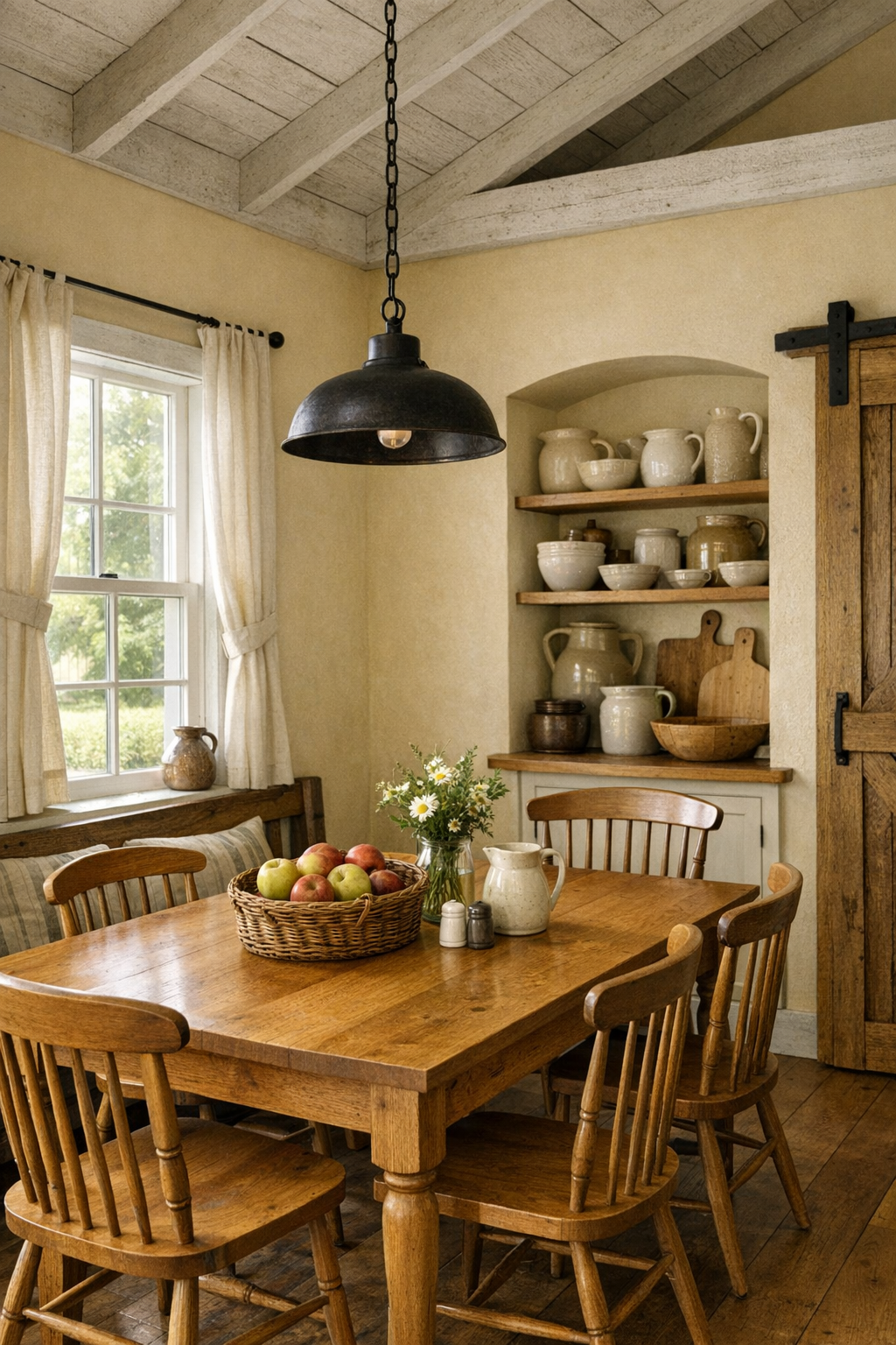 Cozy farmhouse dining area with a solid wood table, spindle-back chairs, and soft pendant lighting
