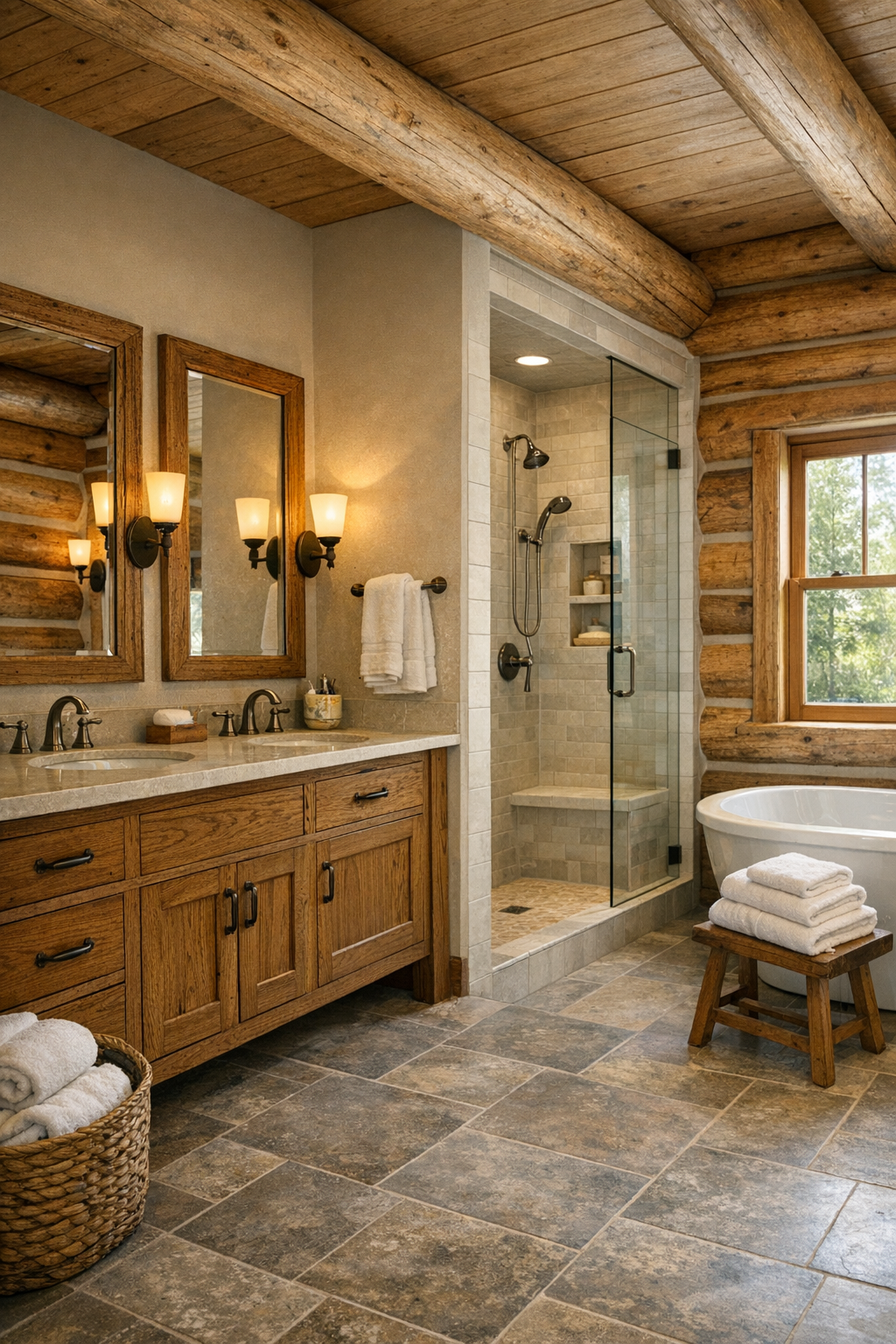 Natural bathroom with handcrafted oak vanity, stone tile, and a soaking tub