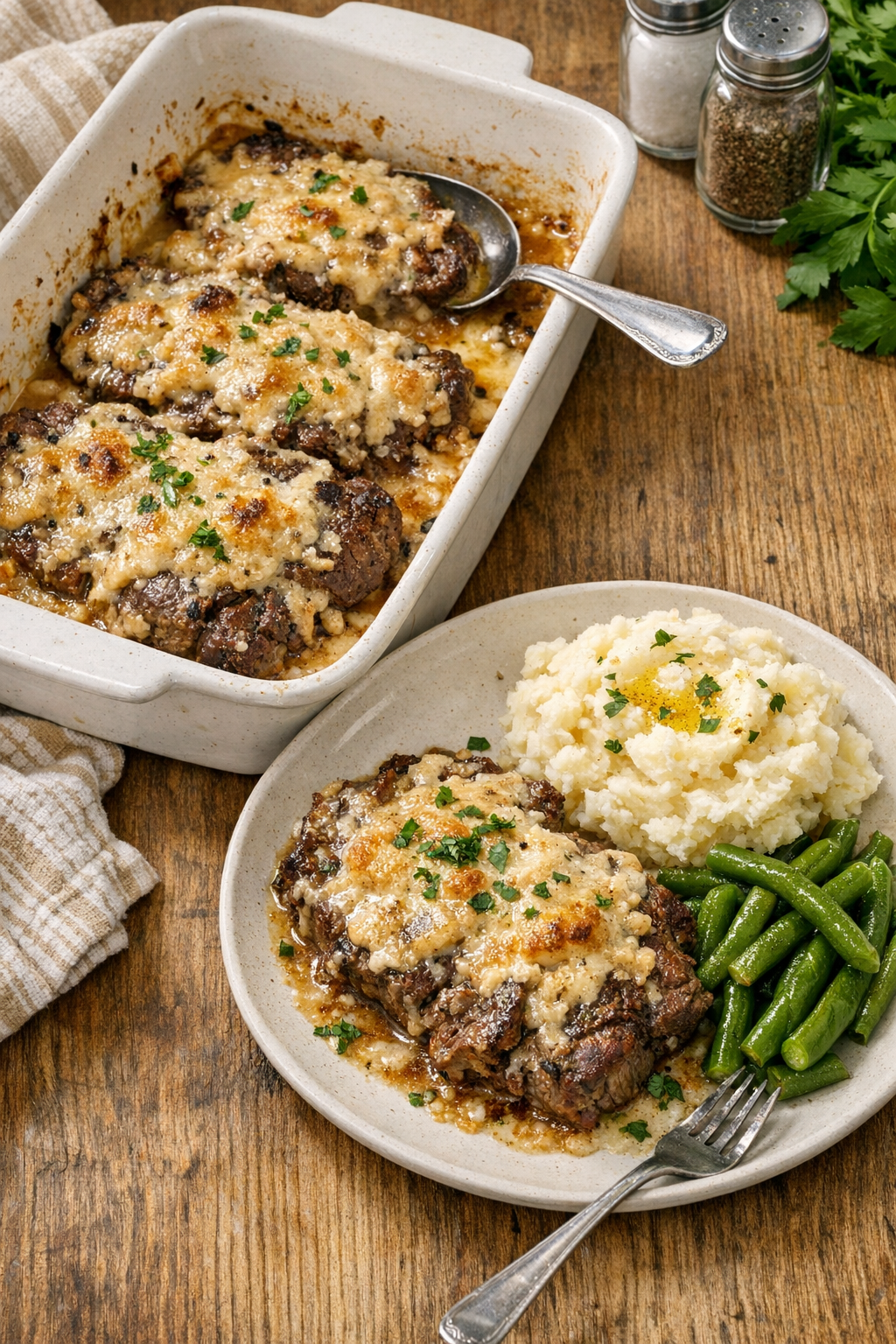 Finished baked beef blade steak with horseradish sauce in a baking dish
