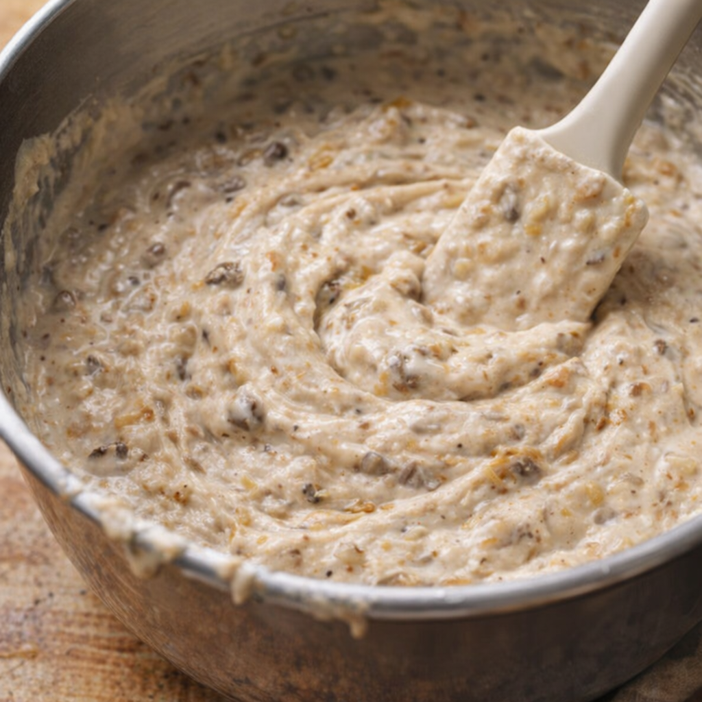 Thick mushroom and onion soup mixture in a mixing bowl