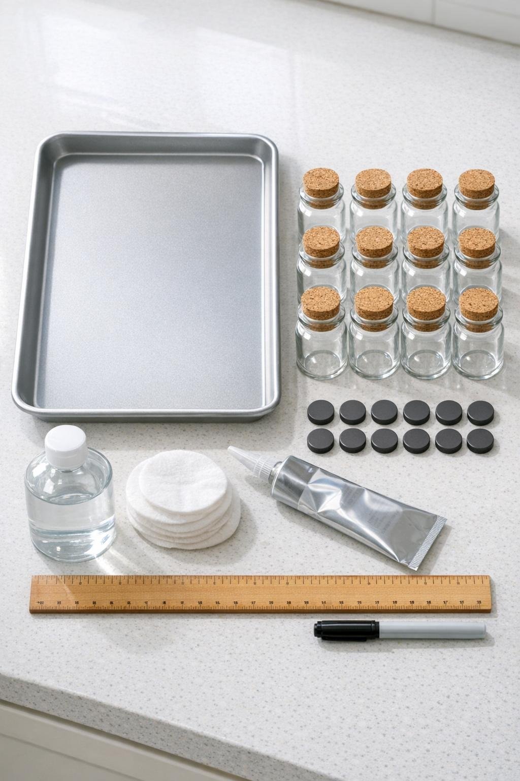 Materials for a magnetic spice rack laid out on a counter