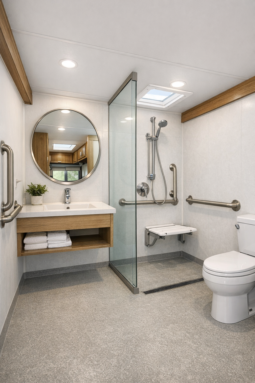 Accessible RV bathroom with curbless shower, wall-mounted vanity, and pale gray finishes