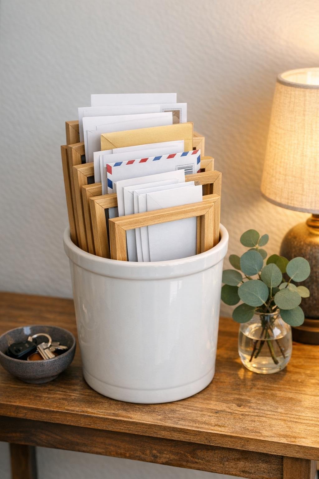 Finished mail sorter made from wooden picture frames and a ceramic crock
