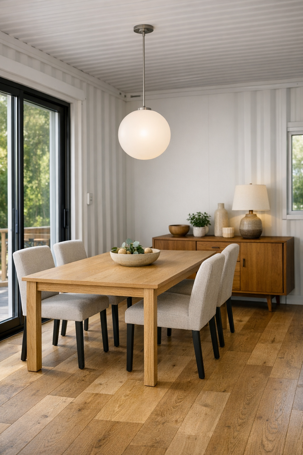 Bright dining room with pale oak table and frosted glass globe pendant