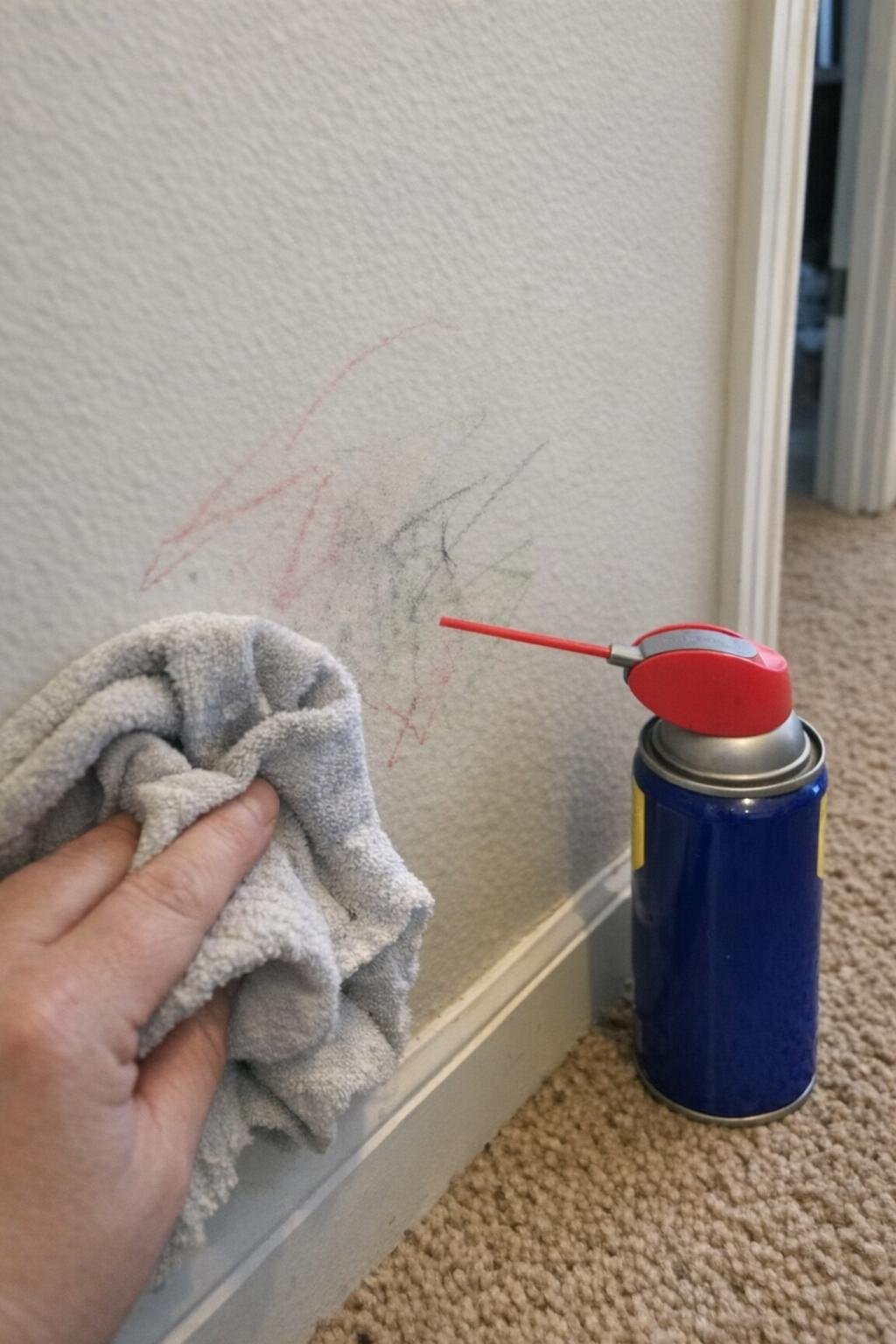 WD-40 on a cloth removing crayon marks from a painted wall