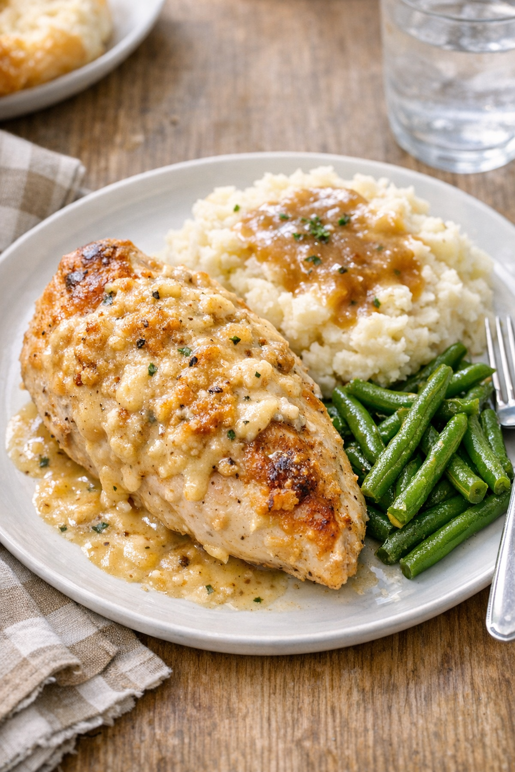 Finished baked supper club chicken plated with sauce