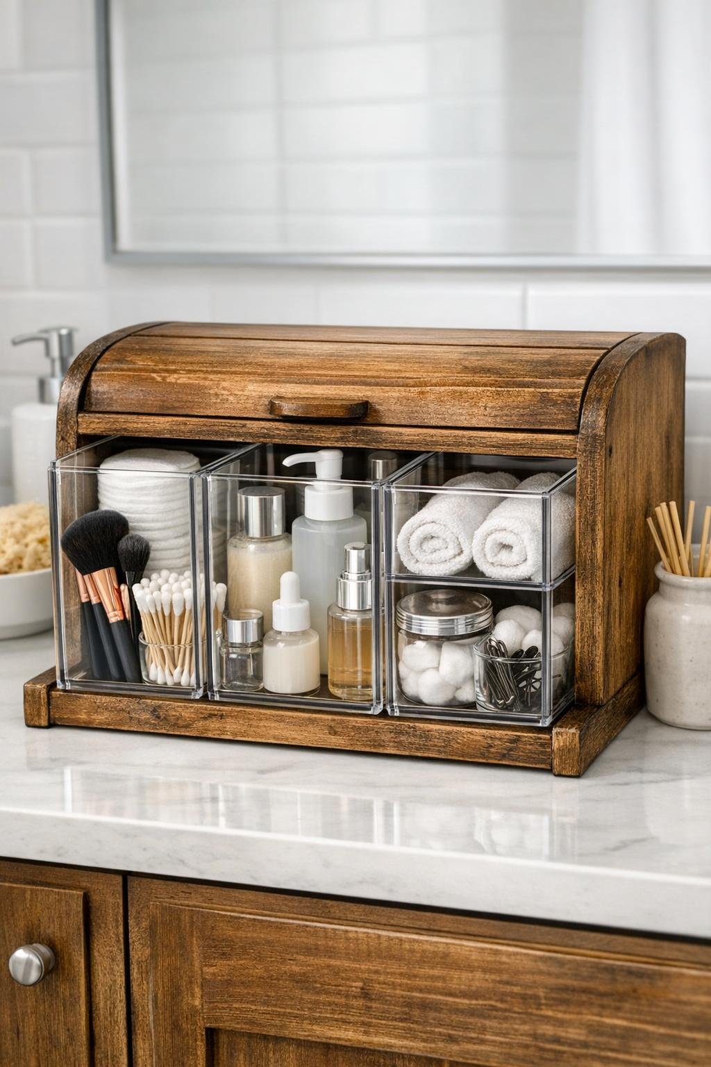 Finished rustic bread box bathroom organizer with clear acrylic bins
