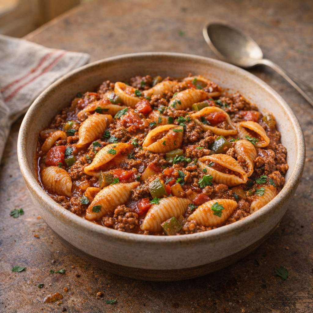 Warm bowl of ground beef shell pasta on a kitchen table
