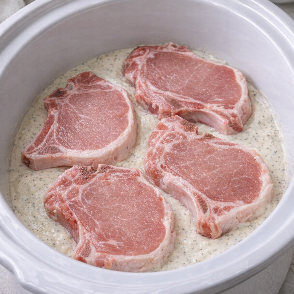 Pork chops arranged in slow cooker before cooking