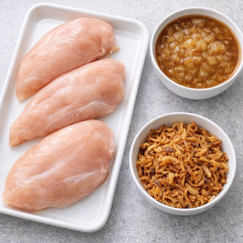 Raw chicken breasts, canned French onion soup, and crispy fried onions arranged on a kitchen counter