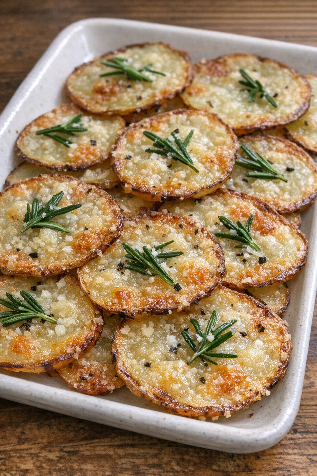 Thin crispy potato wafers topped with melted parmesan and fresh rosemary on a rectangular ceramic dish
