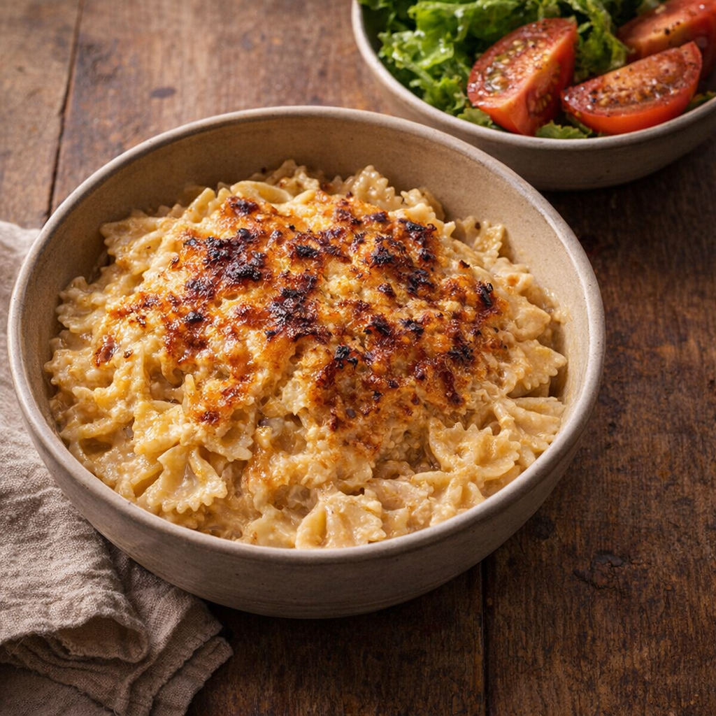 Bowl of creamy farfalle beside a fresh salad