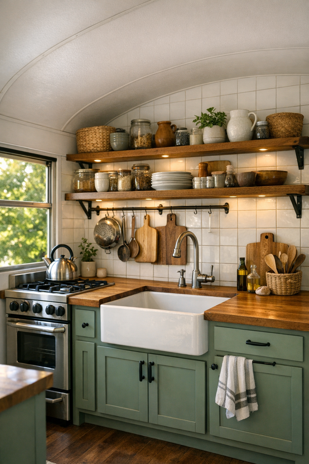 Inviting bus kitchen with sage cabinets, wood countertops, white tile, and farmhouse sink