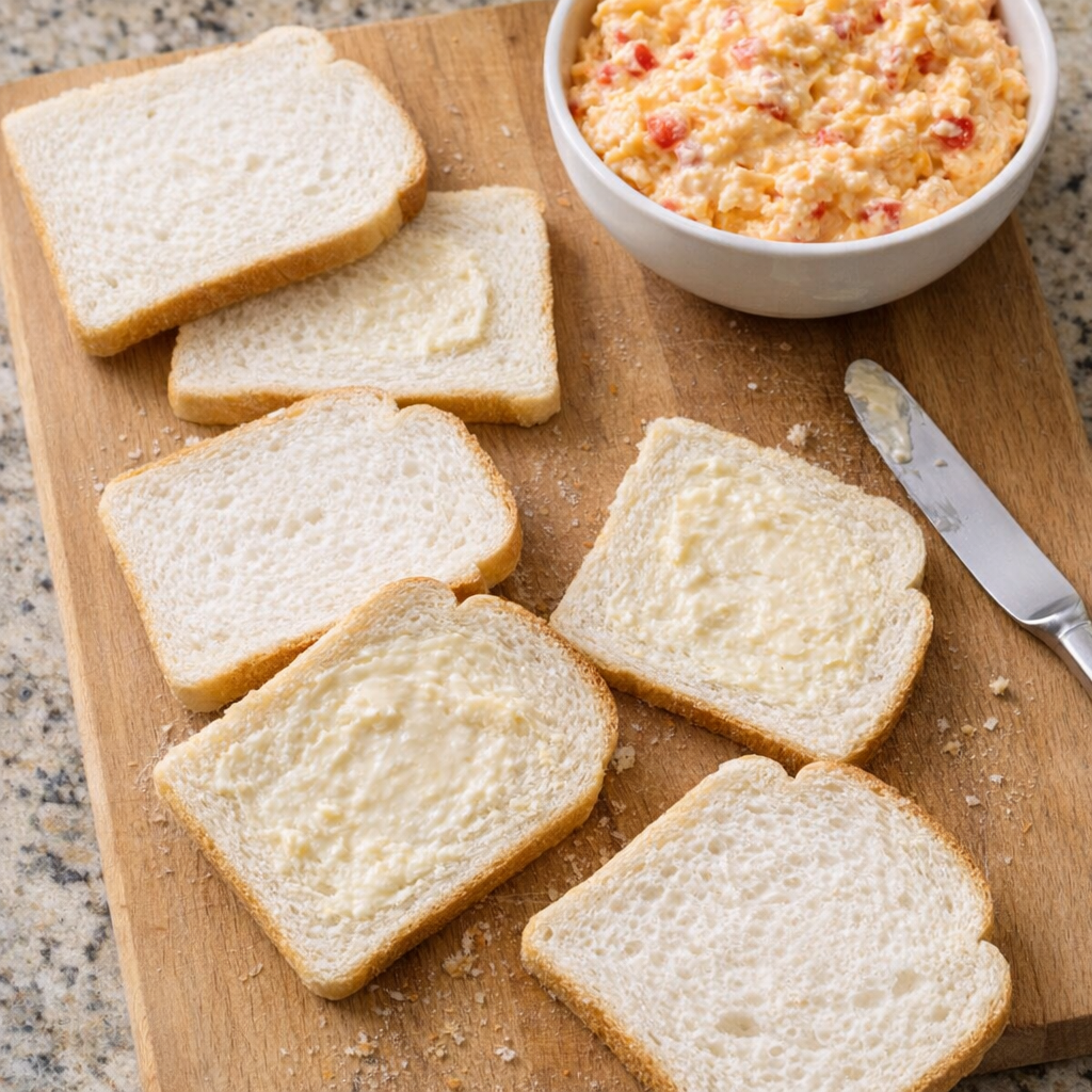 Soft white bread slices laid out for tea sandwich assembly