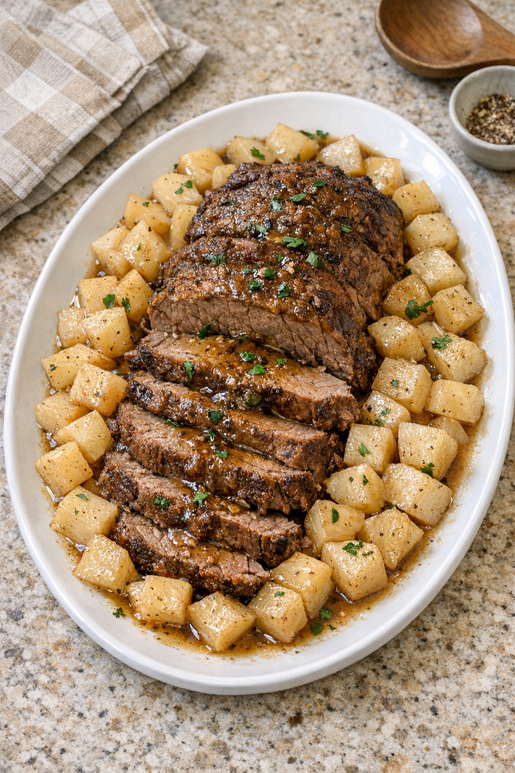 Finished slow cooker beef roast with tender turnips on a serving platter