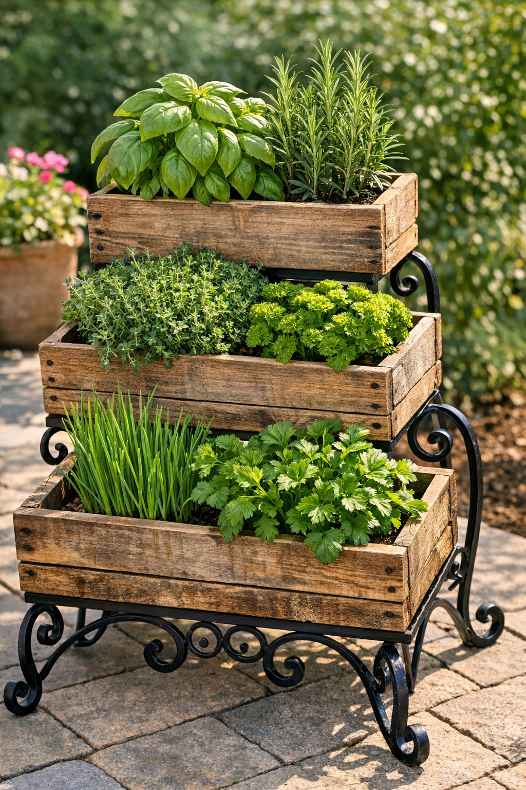Finished tiered herb planter made from wooden crates on a black metal stand