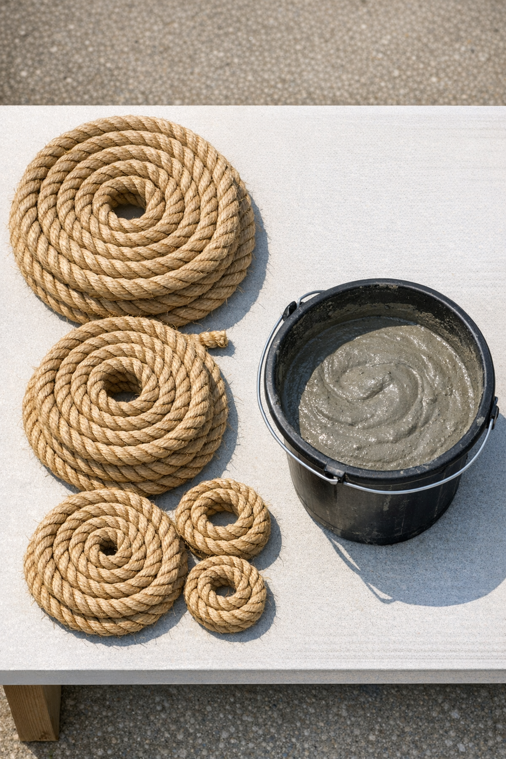 Coiled sisal rope and cement materials laid out for the project